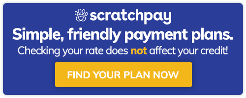 Scratchpay ad: Offers simple payment plans. Blue background, yellow button