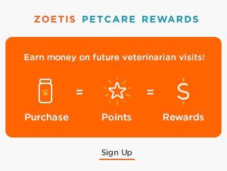 Zoetis pet care rewards program: Purchase equals points equals rewards, with sign-up button.