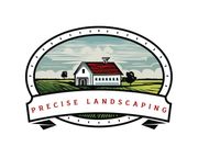 Precise Landscaping logo with a farmhouse in a green field under a blue sky.