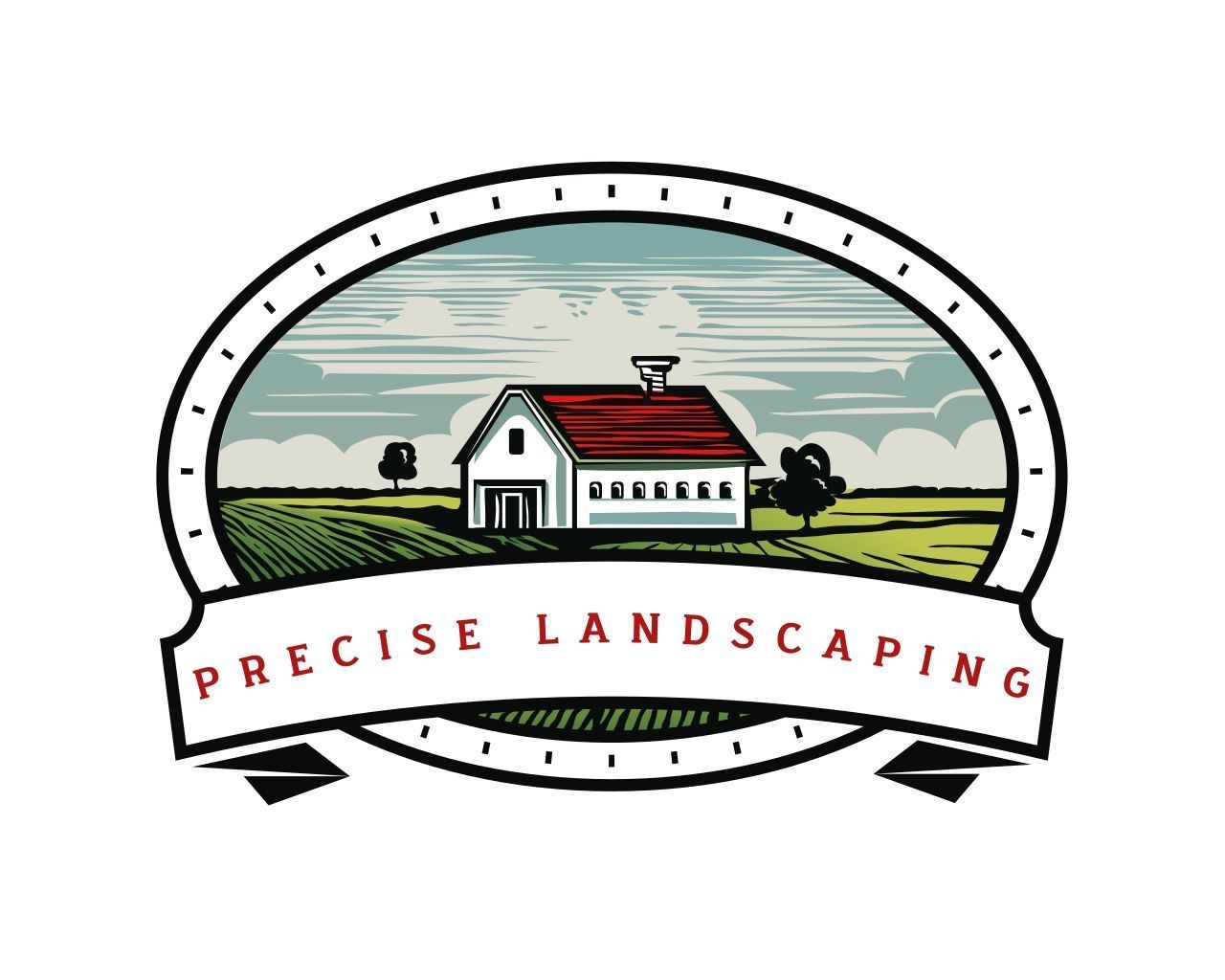 Precise Landscaping logo with a farmhouse in a green field under a blue sky.