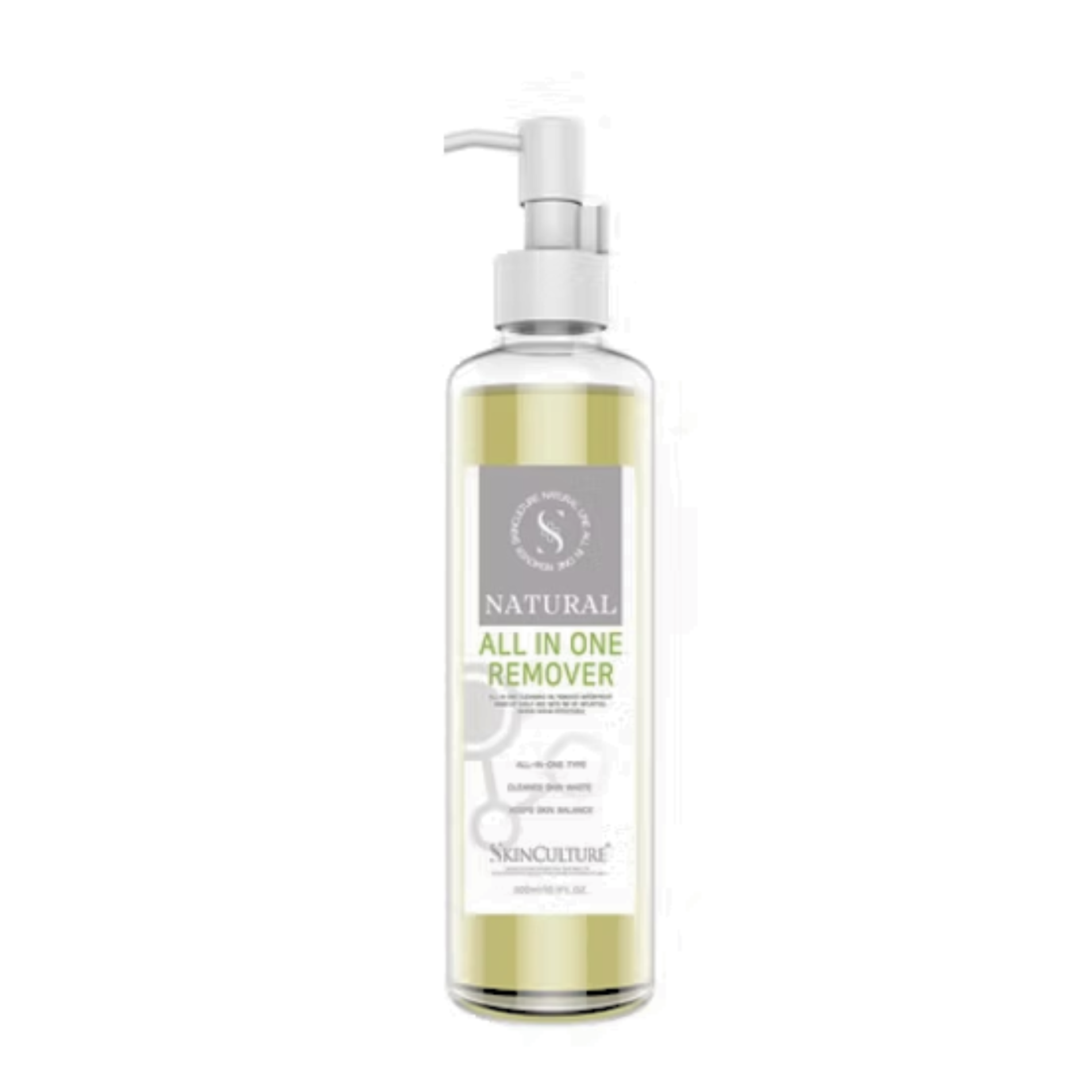 Bottle of SkinCulture All in One Remover with pump. Transparent bottle with yellow liquid and white label.