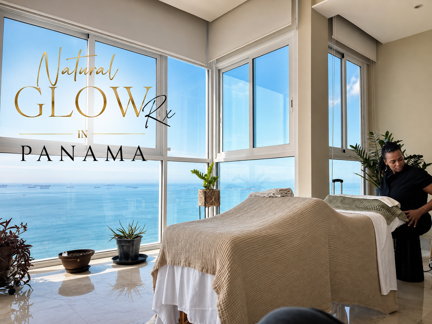 Massage room with ocean-view windows and a therapist beside a covered massage table