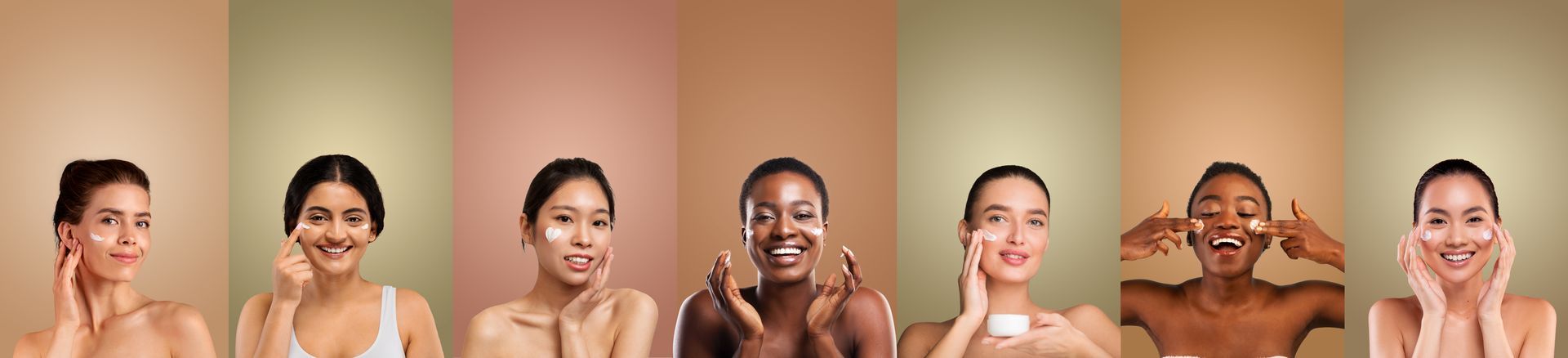 Seven smiling people against a warm beige-to-brown background, each with face and shoulder visible.