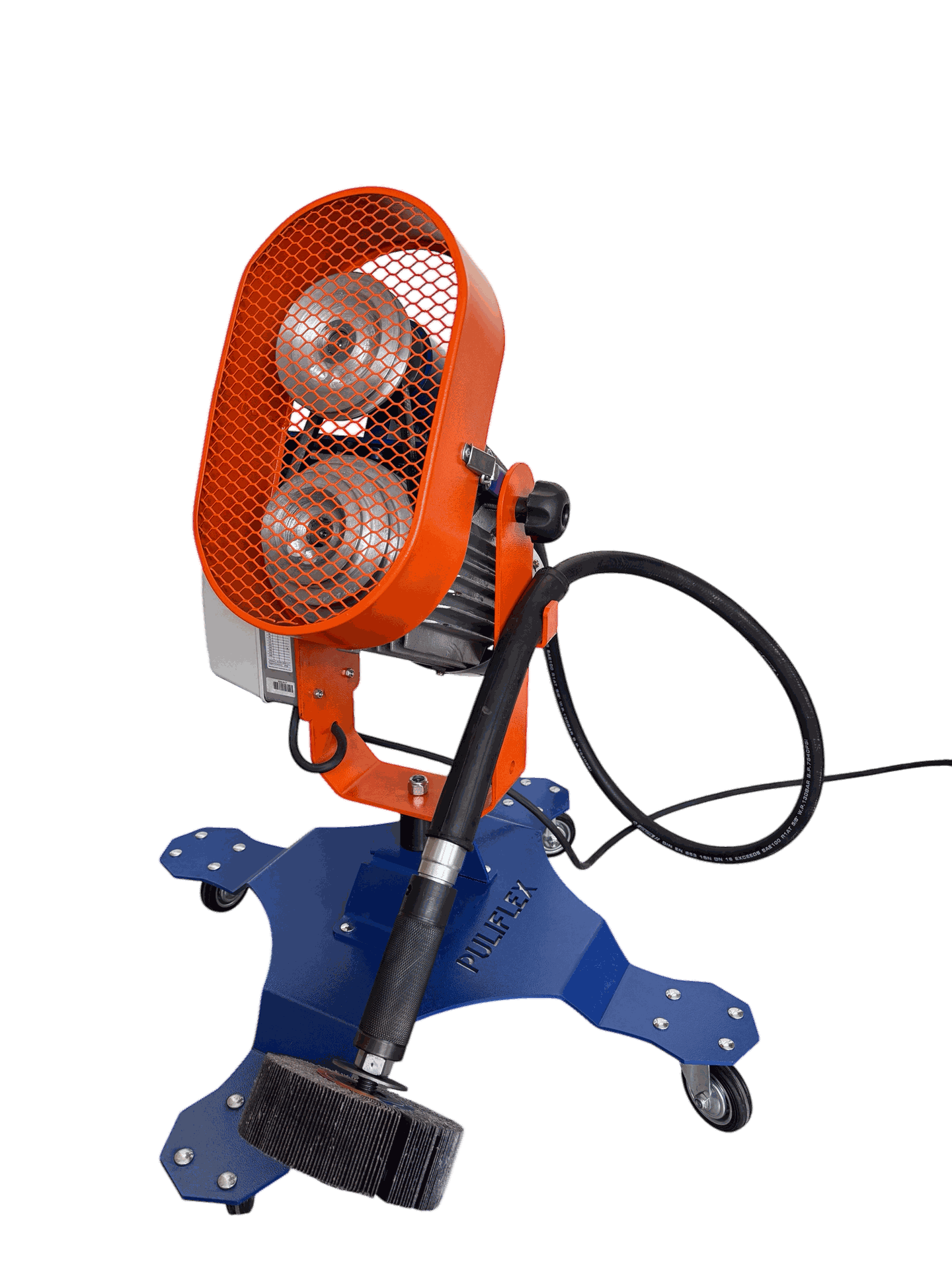 Calentador industrial portátil sobre un soporte azul con ruedas, rejilla naranja y manguera negra.
