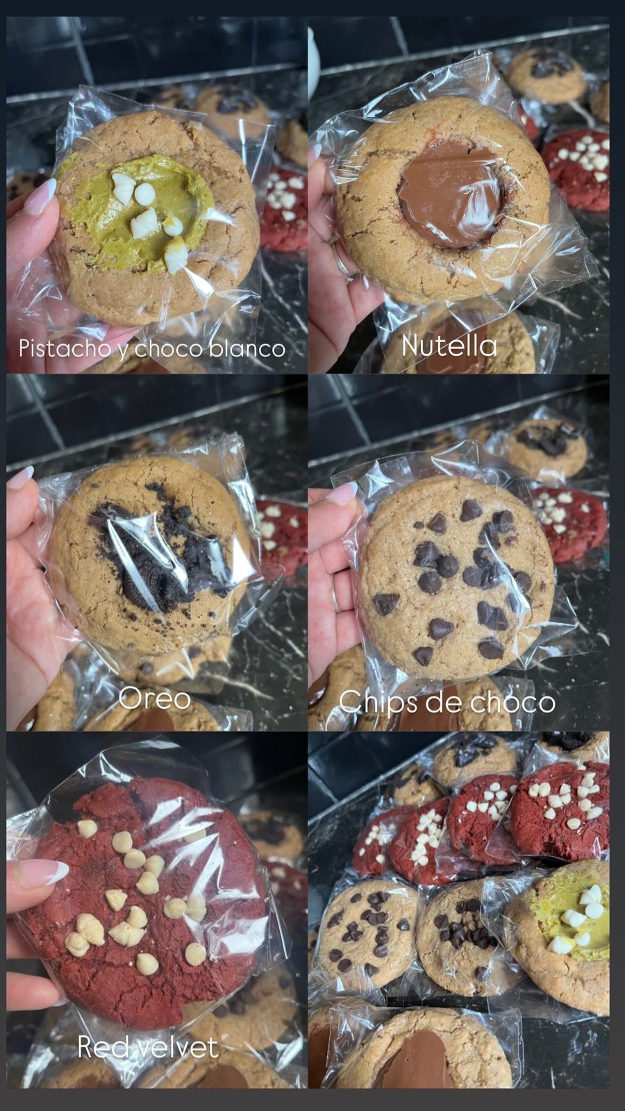 Surtido de galletas envasadas: matcha, Nutella, Oreo, chispas de chocolate, terciopelo rojo y variedades.