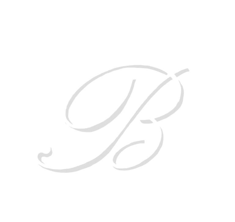 Faint silver cursive letter “B” on a white background