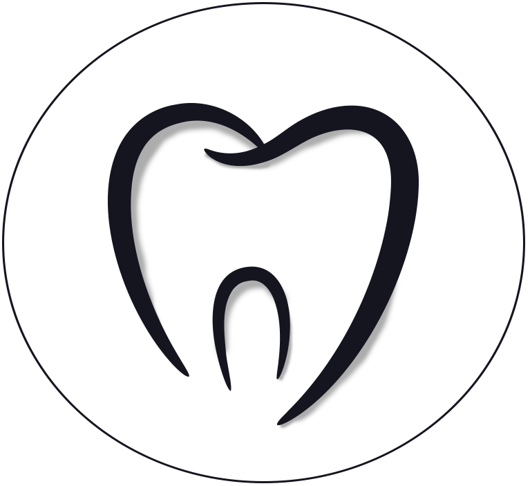 Stylized black tooth logo inside a thin gray circle on a white background