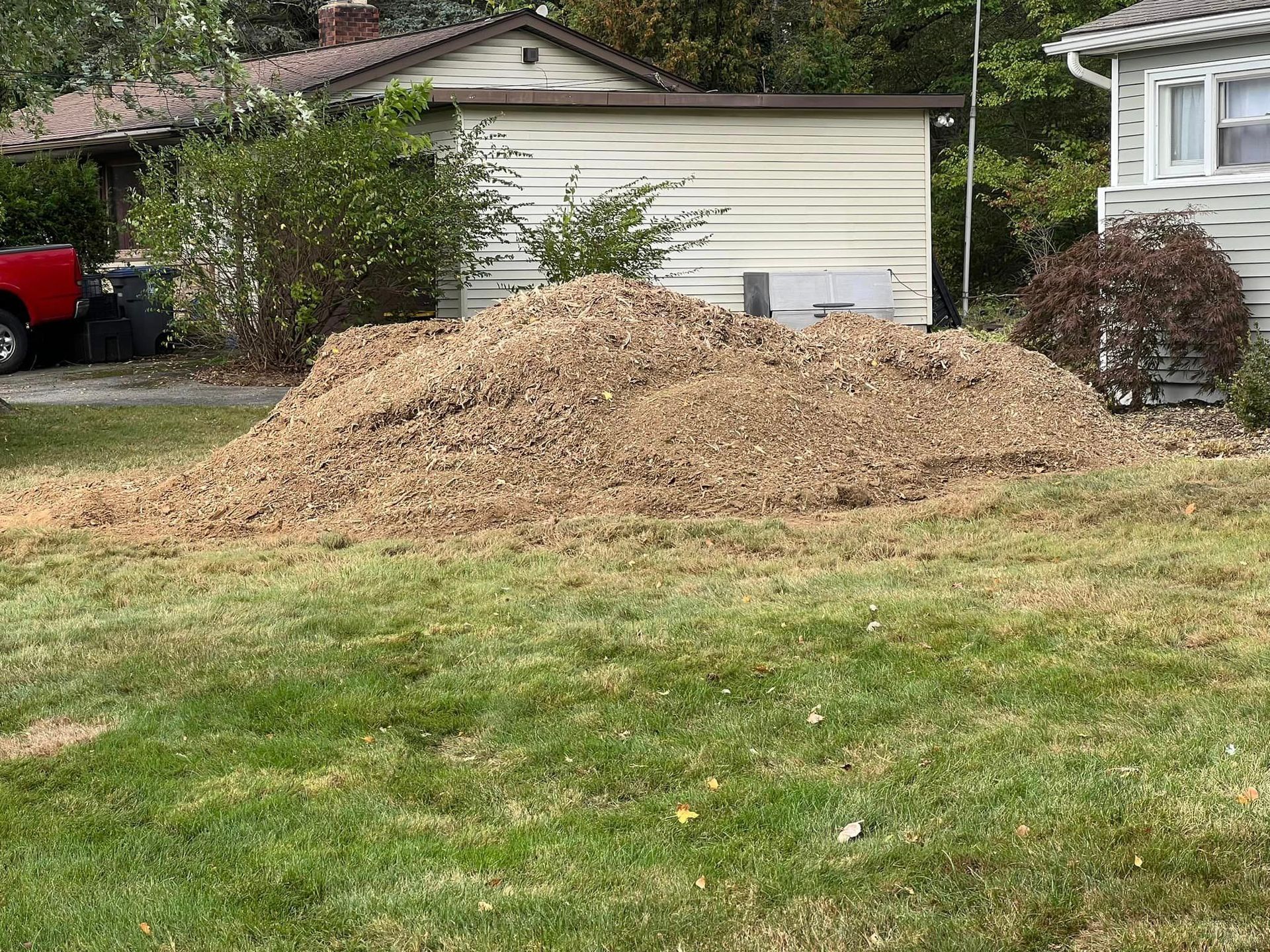 A pile of wood chips is sitting on top of a lush green lawn in front of a house.