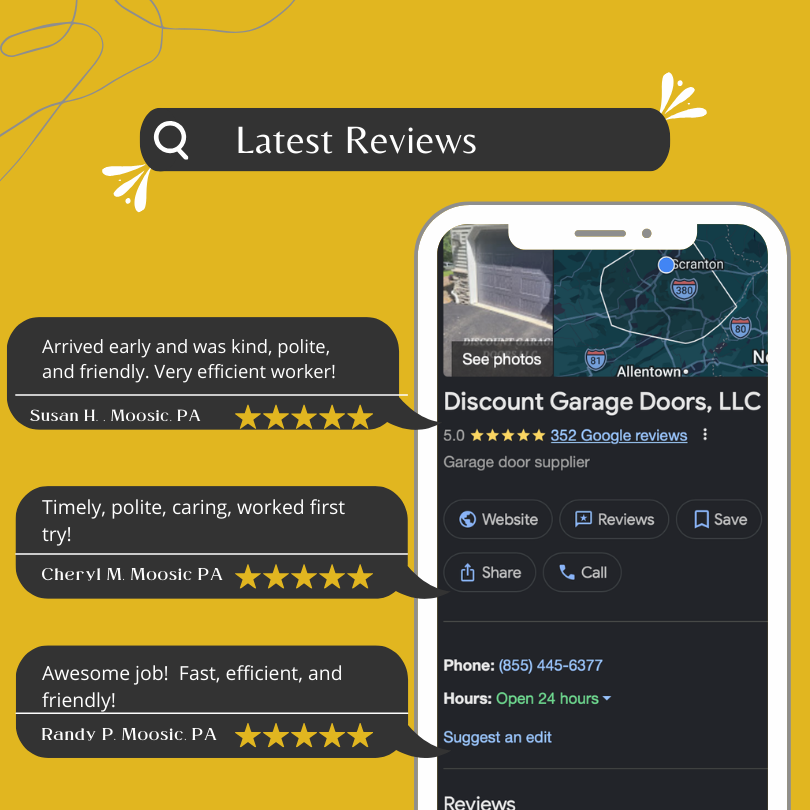 3 reviews from moosic pa explaining why the choose discount garage doors llc for all of their garage door repairs