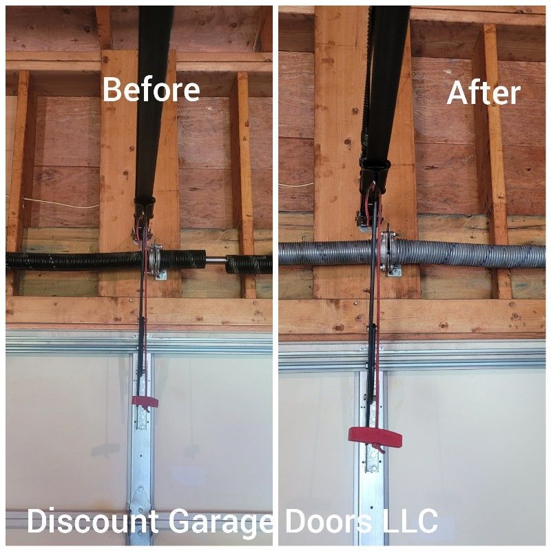 before and after of broken and repaired garage door torsion spring in dallas pa
