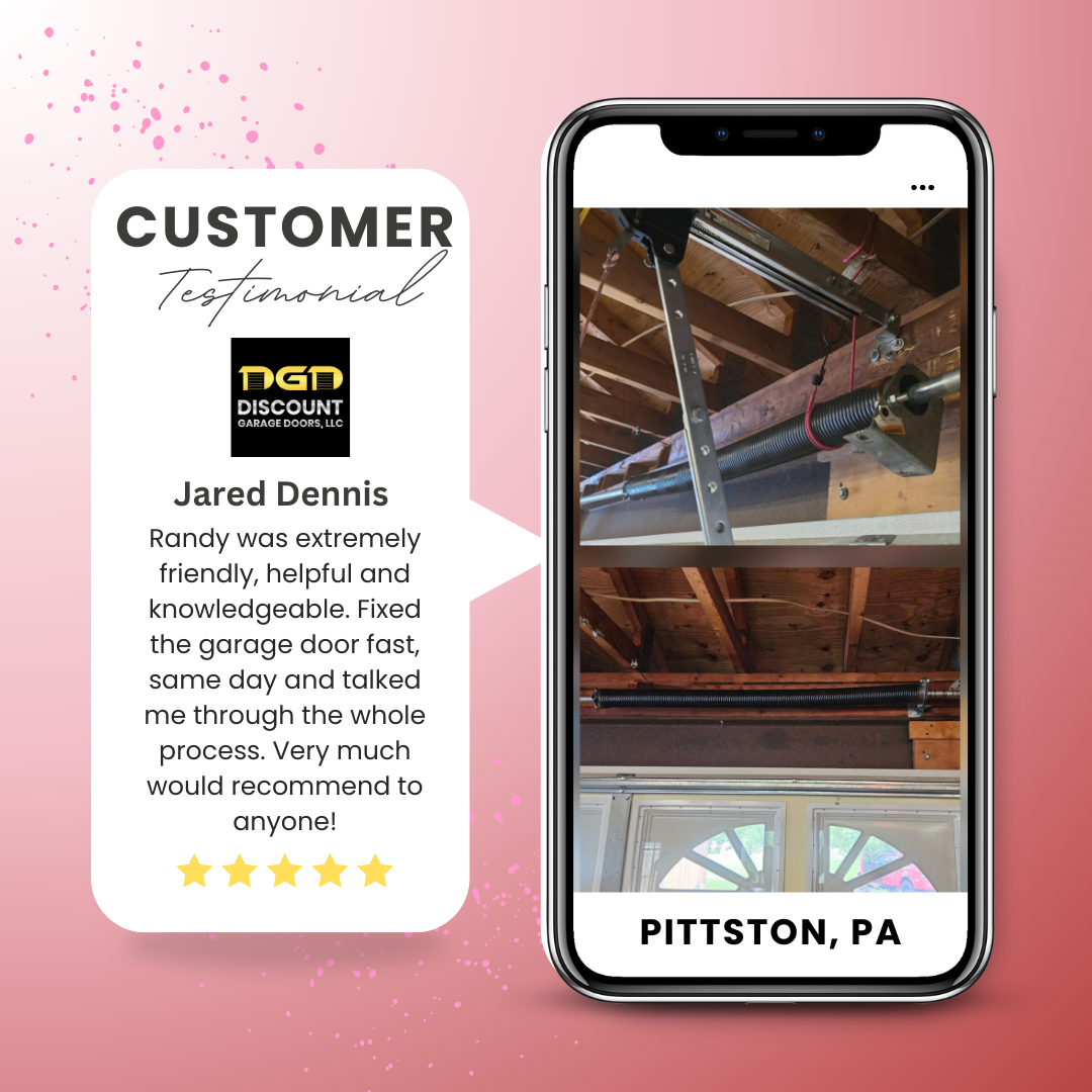 customer review from pittston pa saying tech was extremely helpful and knowlegable. fixed the garage door fast and talked me through the entire process. 5 stars. and also includes image of broken spring that was repaired in pittston pa