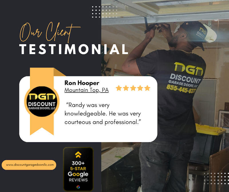 technician working on a mountain top garage with a overlay of a 5 star google review from Ron Hooper from mountain top pa.
