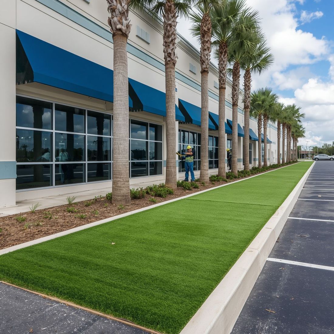 Commercial artificial grass strip near a parking lot creating an inviting exterior for businesses
