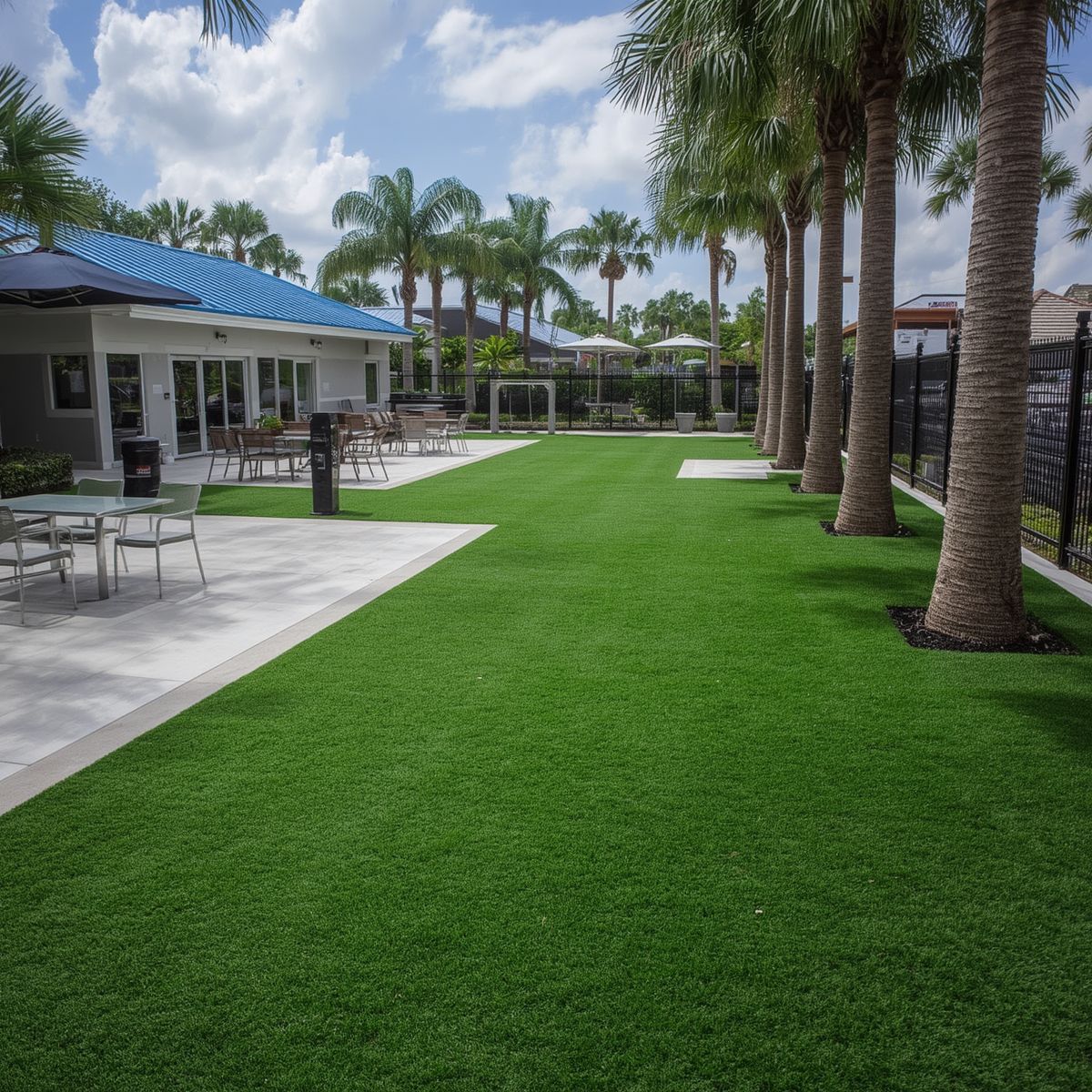 Outdoor business setting with artificial turf detailing an inviting outdoor area