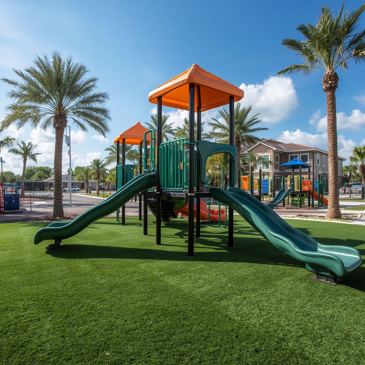 Commercial playground showcasing artificial turf promoting durable and safe outdoor play