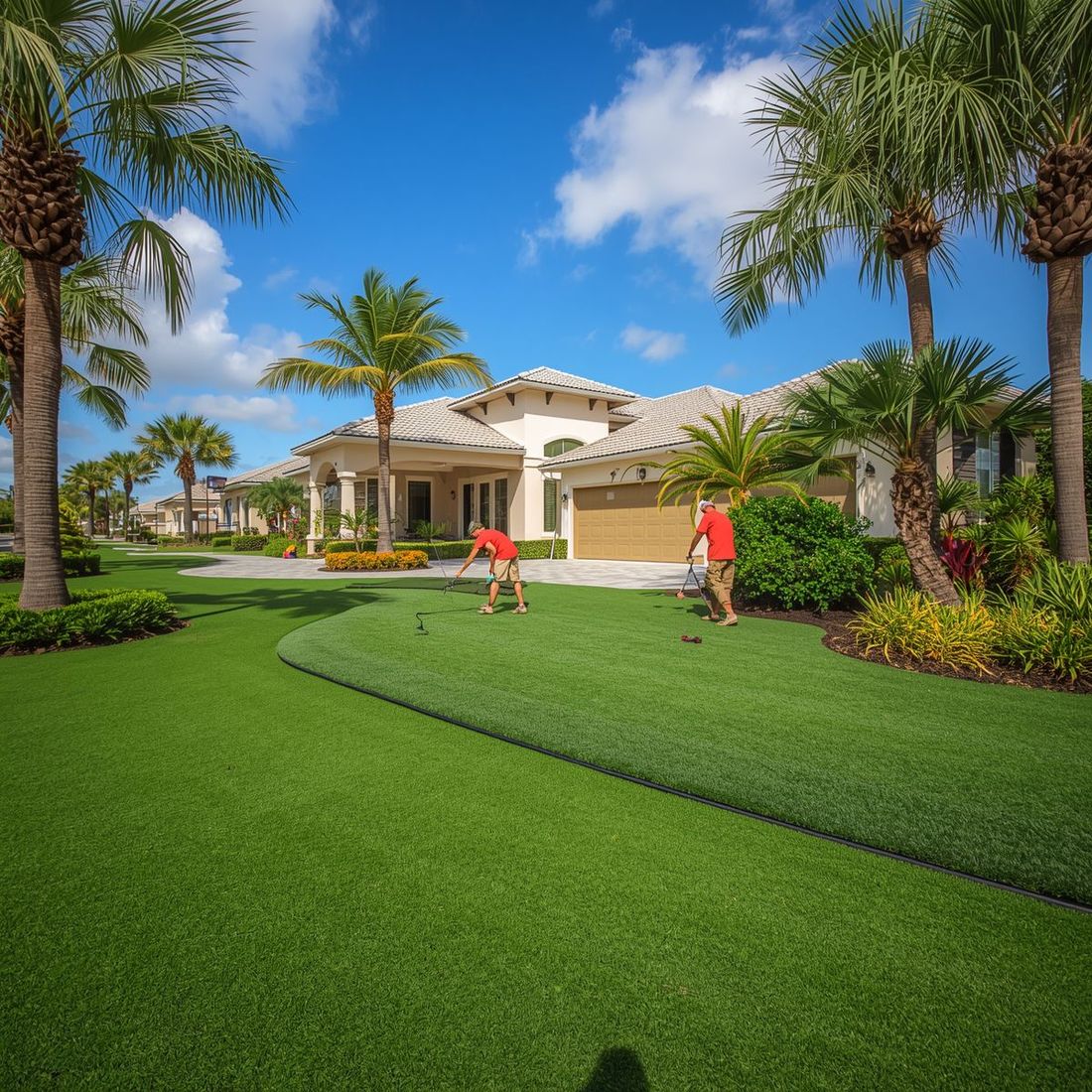 Two installers tending to artificial grass in the front yard of a home showcasing professional installation techniques