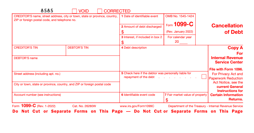 Form 1099c in red example of the form from Manare Debt Relief in Florida