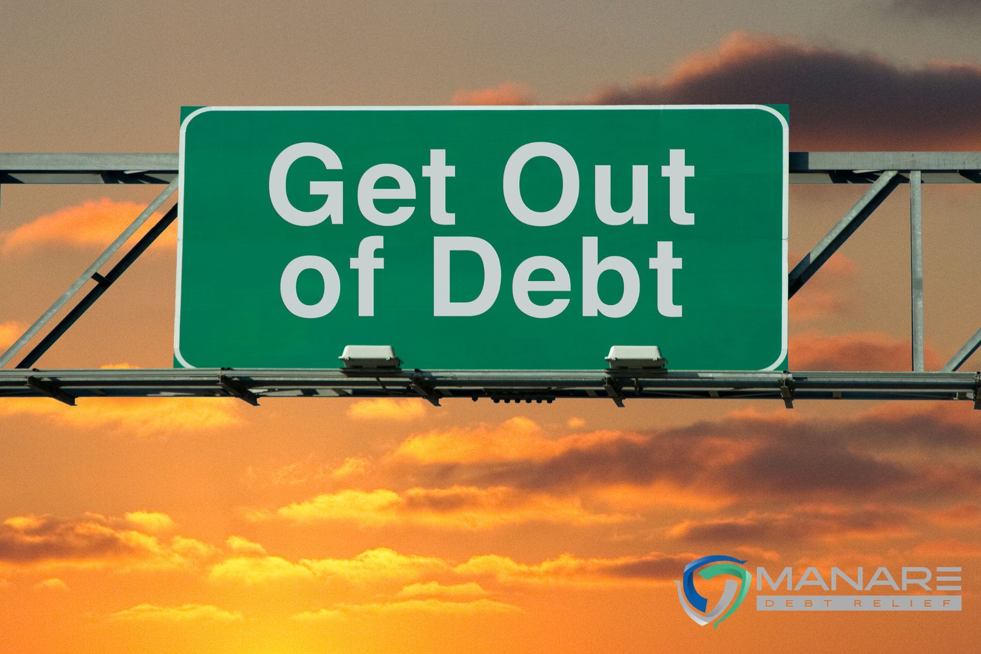 How to get out of debt sign in the street with a sunset view in Florida United States