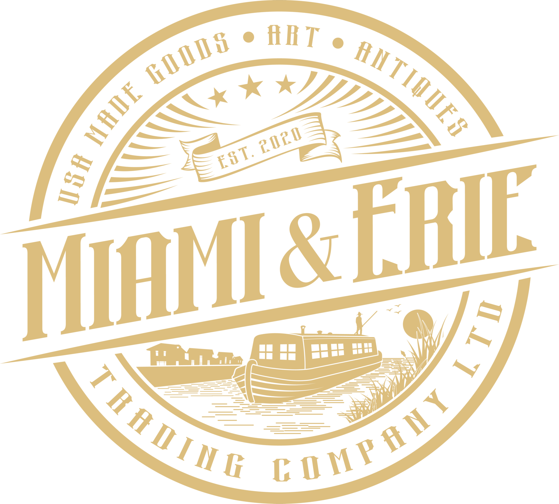 Gold logo: Miami & Eric Trading Company, boat illustration, 