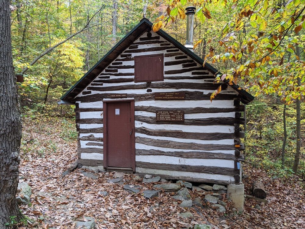 A small log cabin in the middle of a forest.