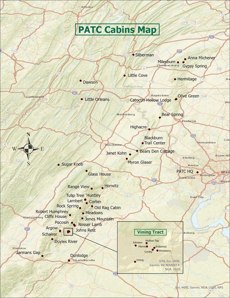A map of patc cabins in the united states