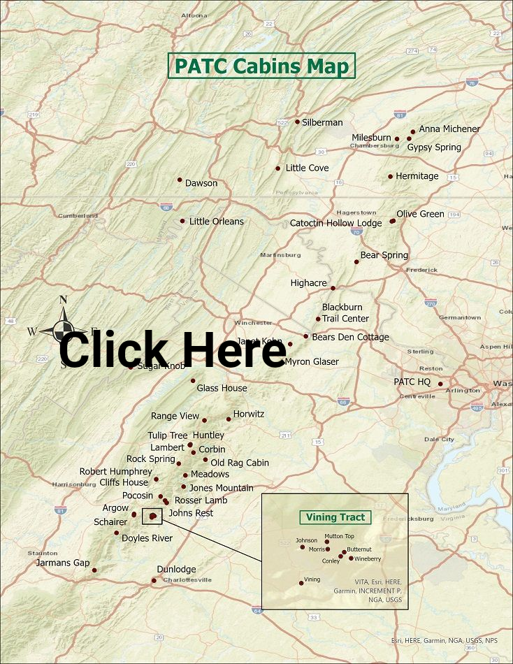 A map of patc cabins in the united states
