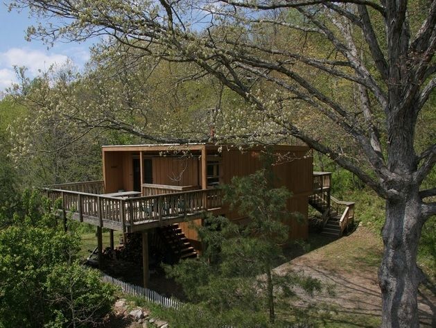A small house with a deck is surrounded by trees