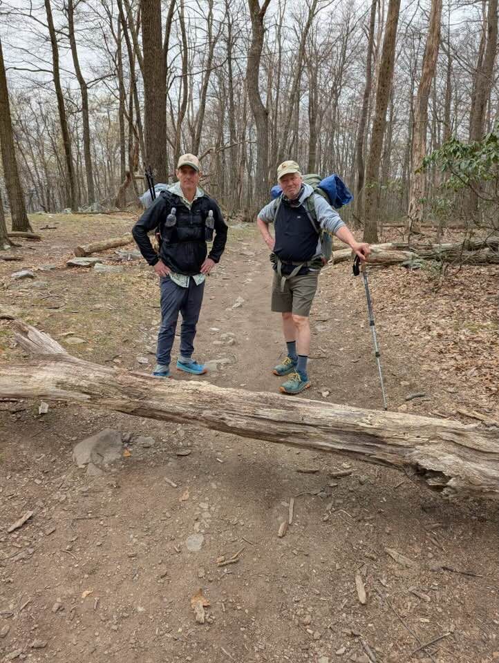 Two men are standing on a log in the woods.