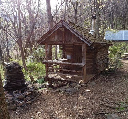 A small log cabin in the middle of a forest.