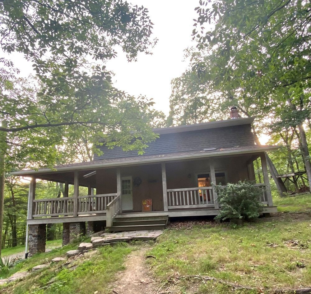 A small house with a porch in the middle of a forest.