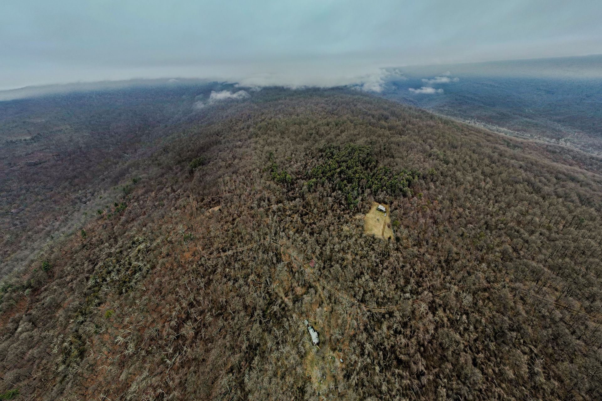 An aerial view of a mountain covered in trees on a cloudy day.