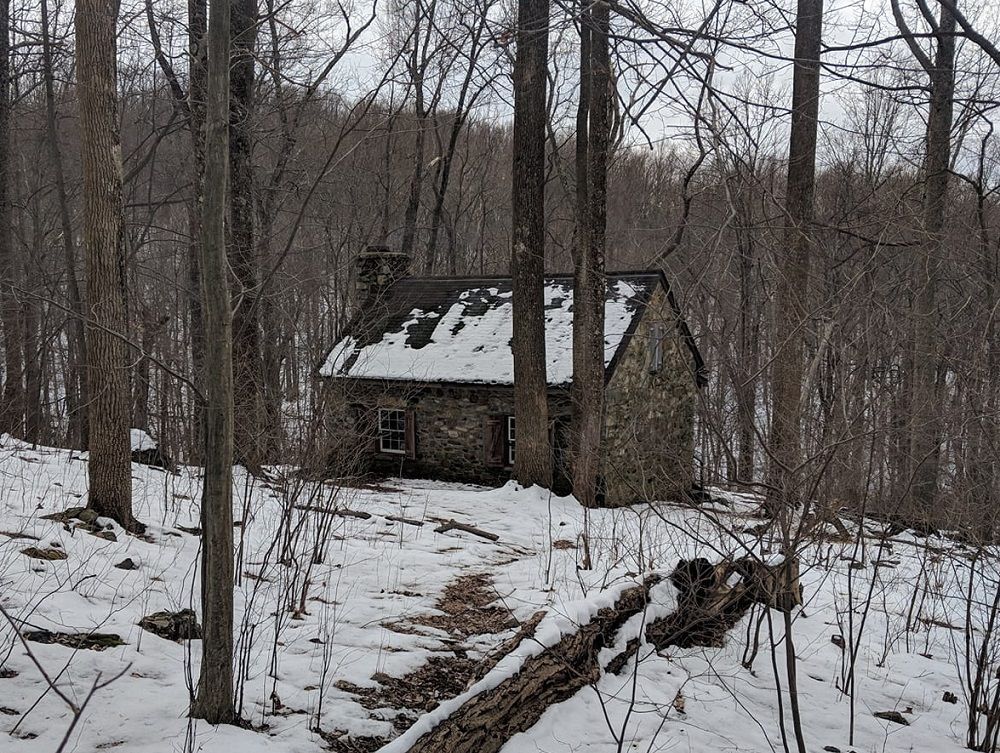 A small stone house in the middle of a snowy forest.