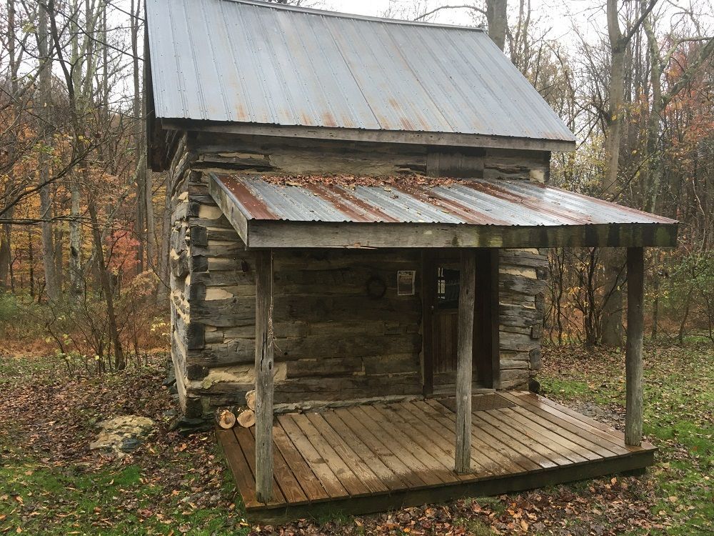 A small log cabin with a metal roof and porch in the woods.