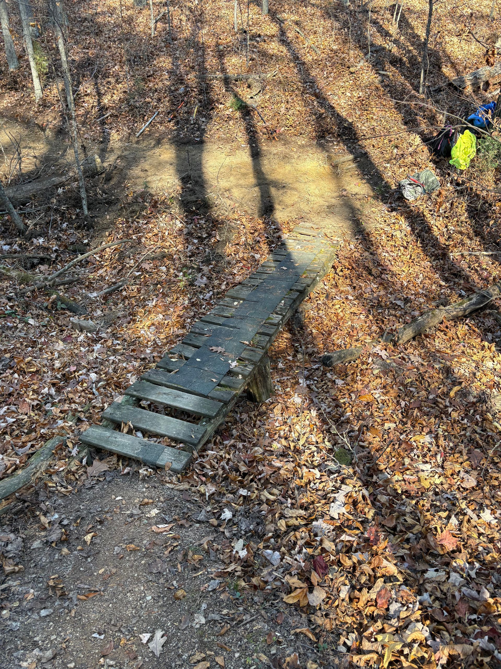 A wooden bridge in the middle of a forest covered in leaves.