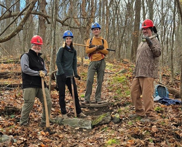 A group of people wearing hard hats are standing in the woods.