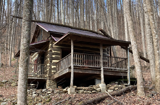 A small log cabin with a porch in the middle of a forest.