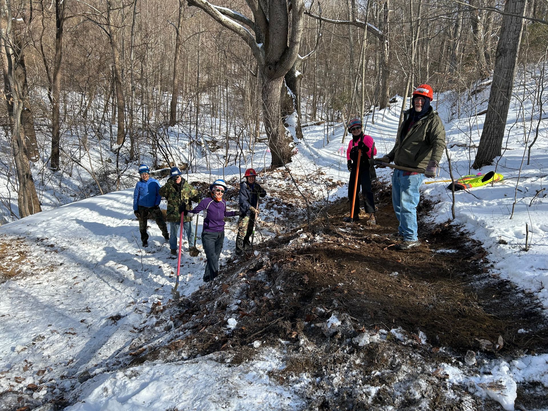 A group of people are standing on a snowy path in the woods.
