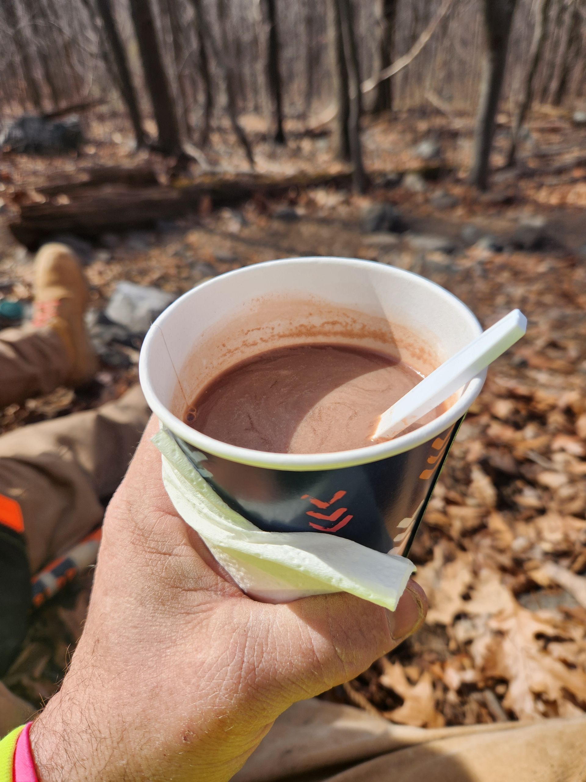 A person is holding a cup of hot chocolate with a spoon in it.