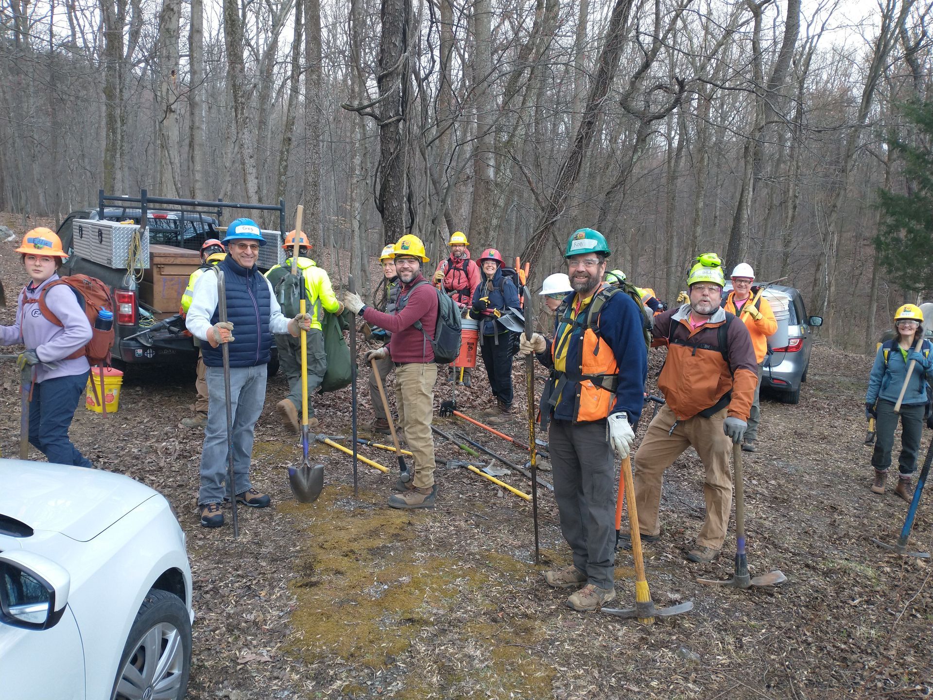 A group of people are standing in the woods holding shovels.