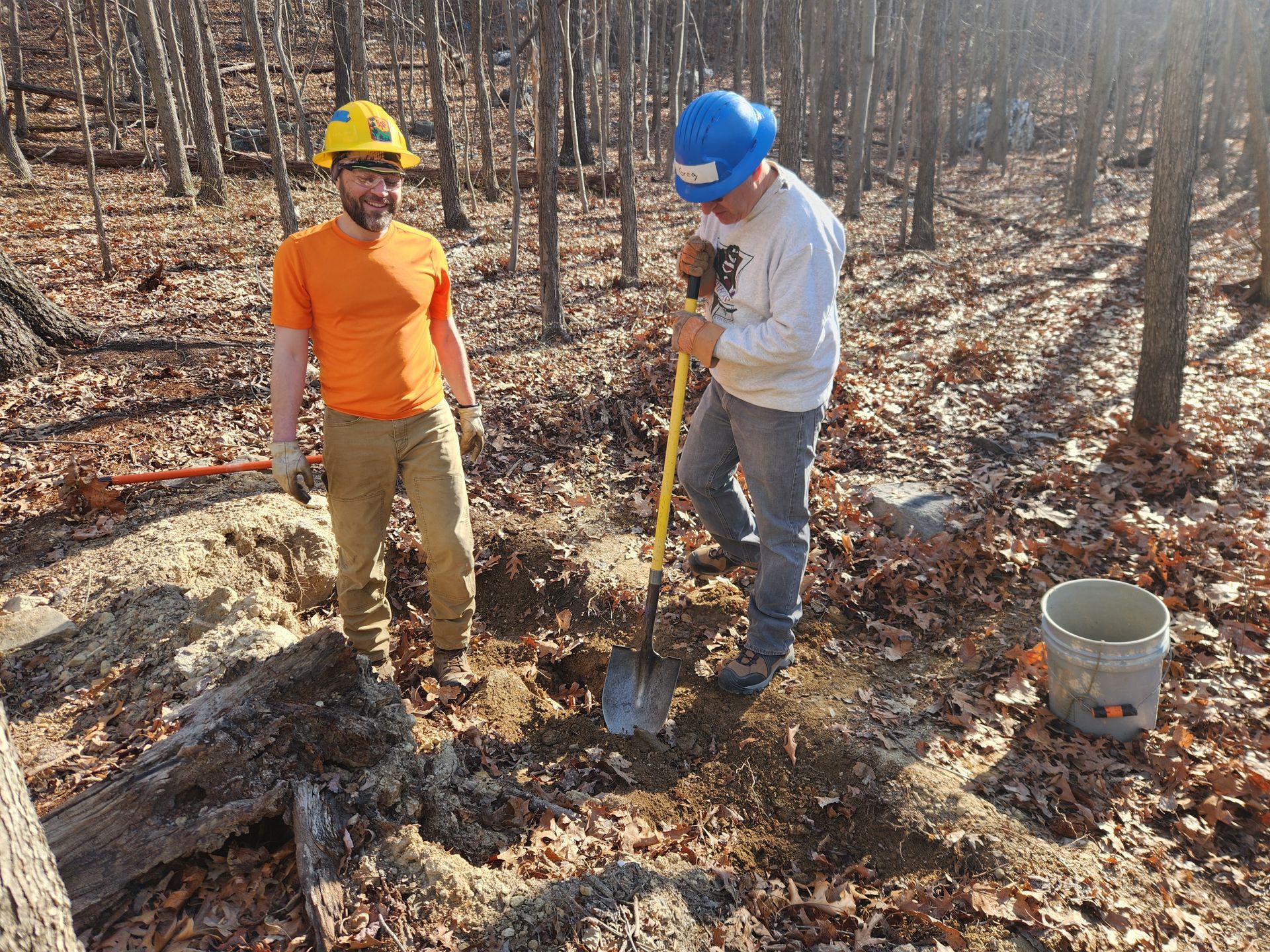 Two men are digging in the dirt in the woods.