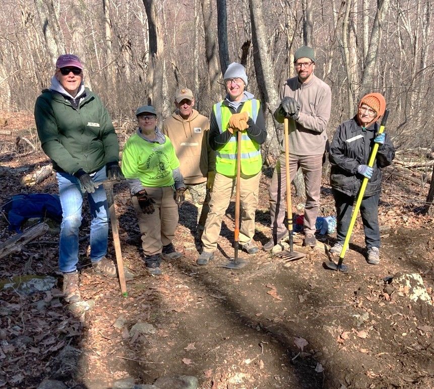 A group of people are standing in the woods with shovels.
