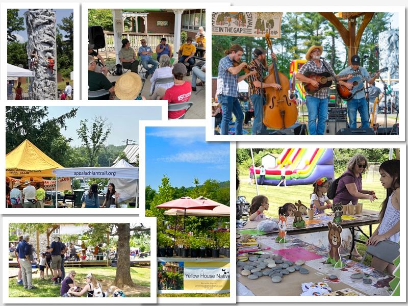 A collage of photos shows people playing instruments at a festival