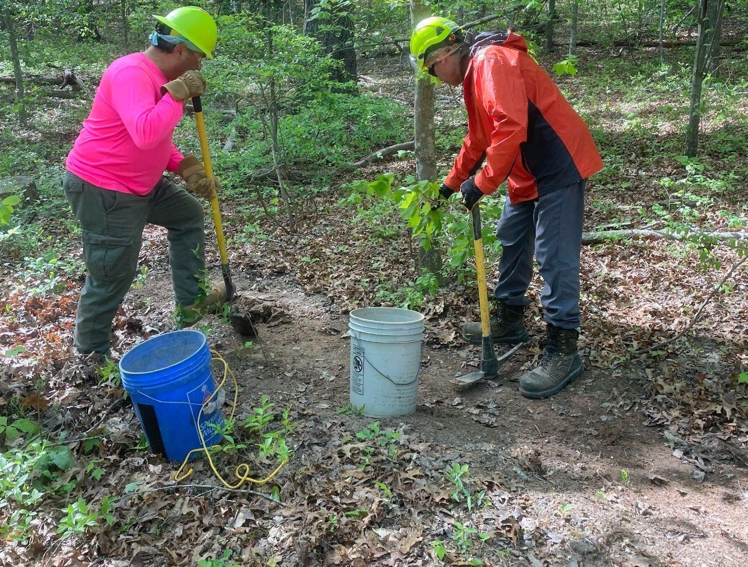 Two people are working in the woods with shovels and buckets.