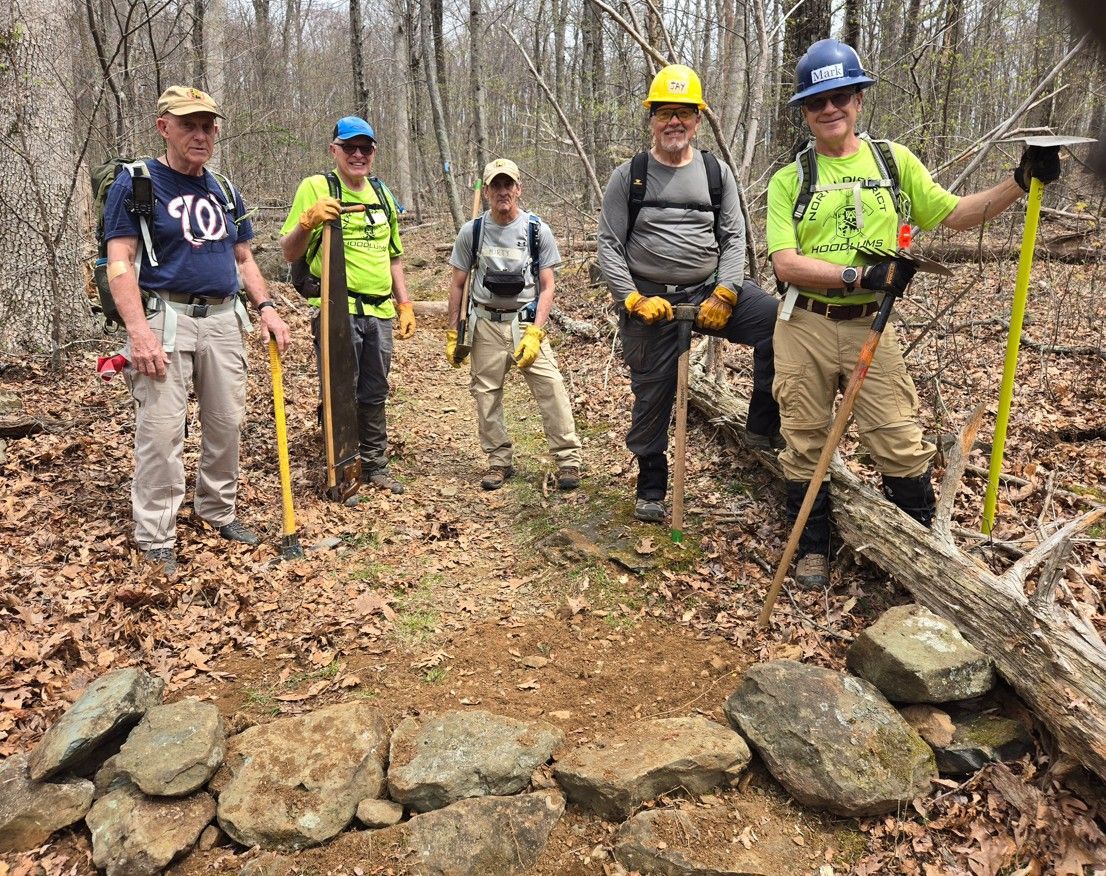 A group of men are standing next to each other in the woods.