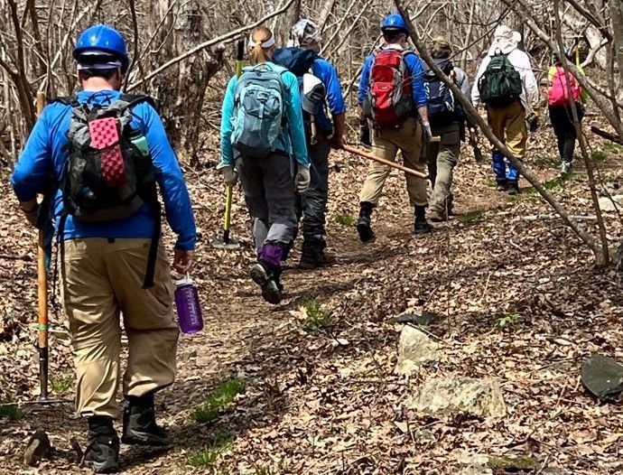A group of people are walking down a trail in the woods.
