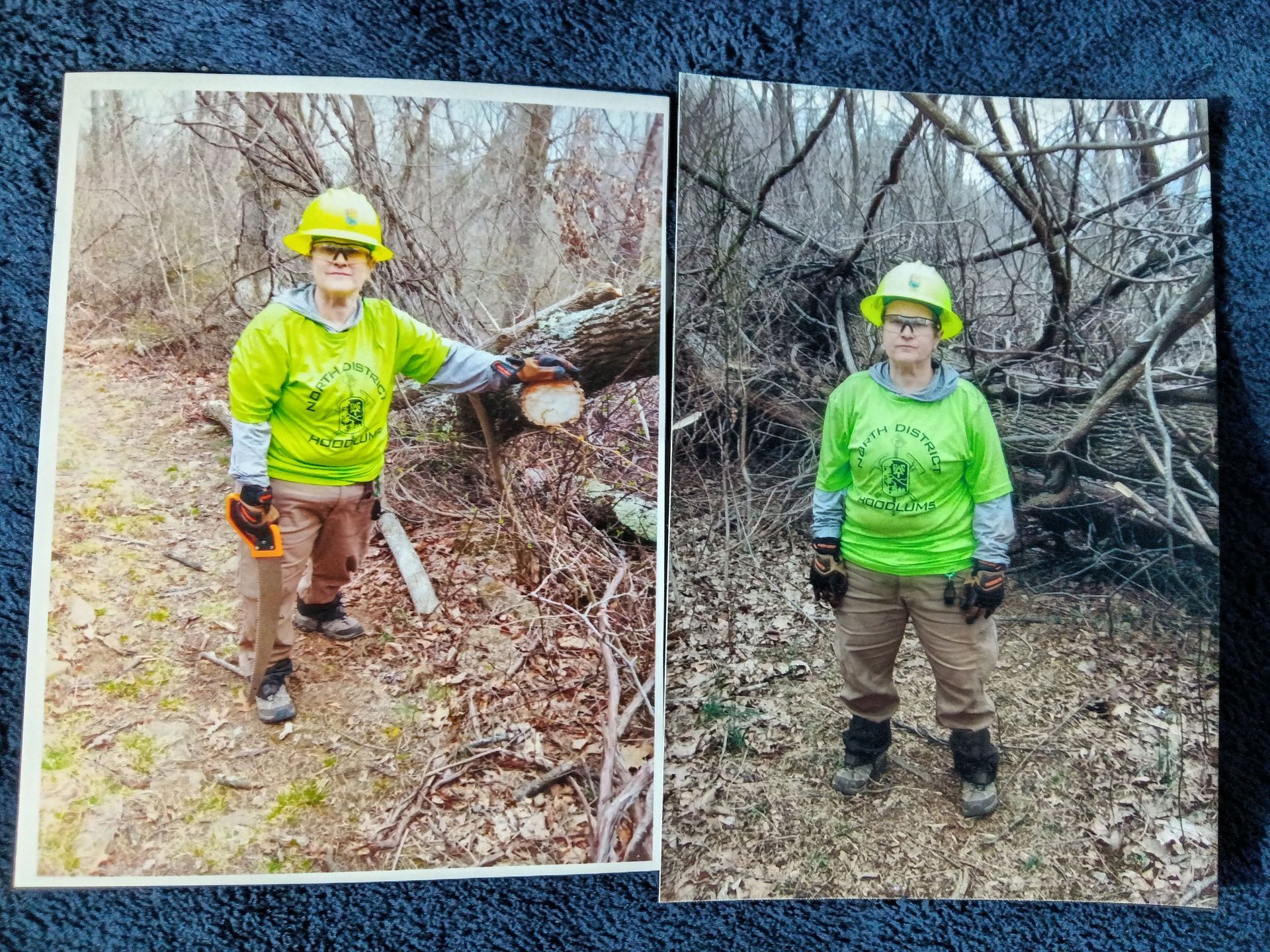 Two pictures of a person in a green shirt standing in the woods.