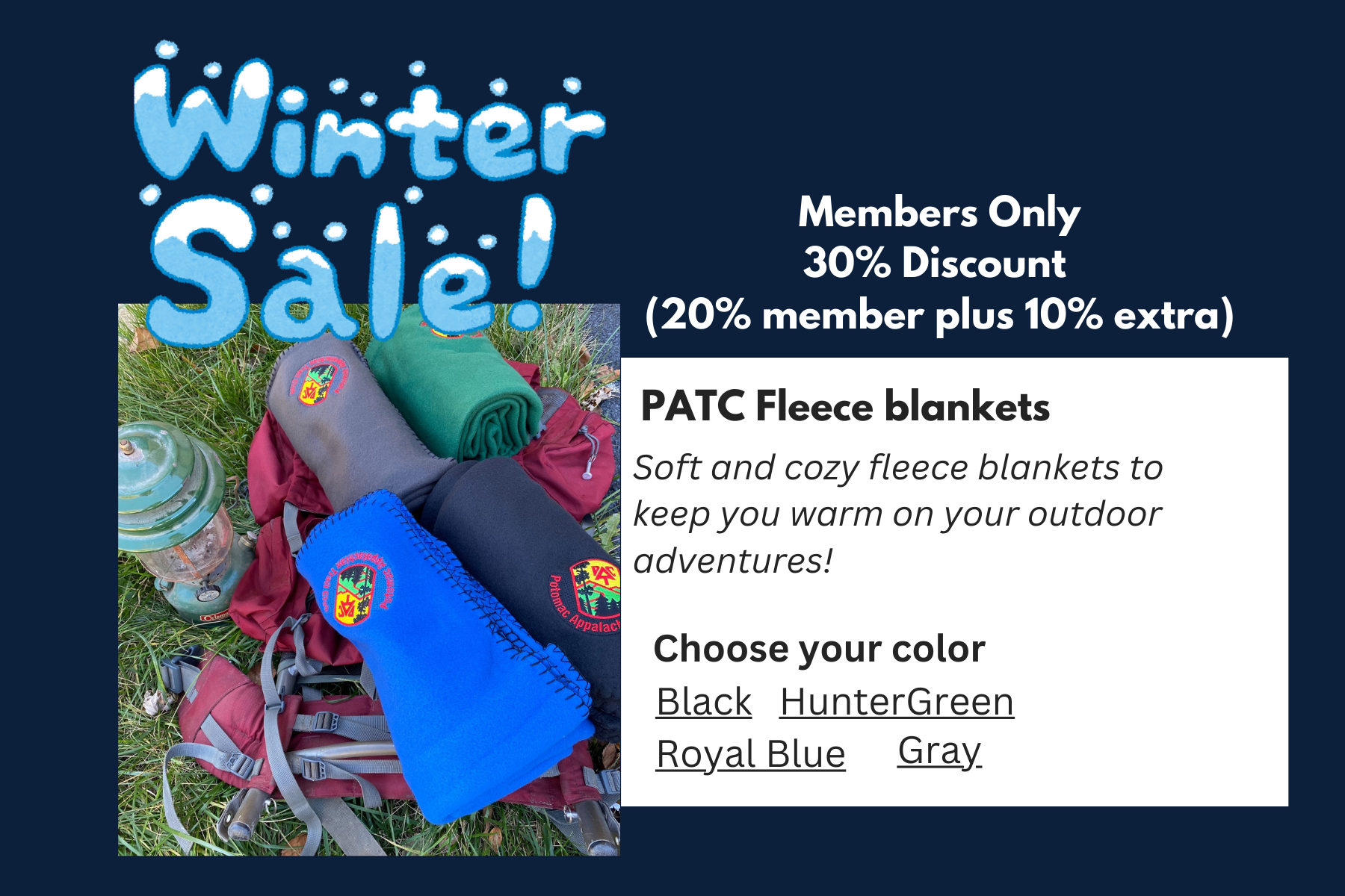 A winter sale advertisement for patc fleece blankets