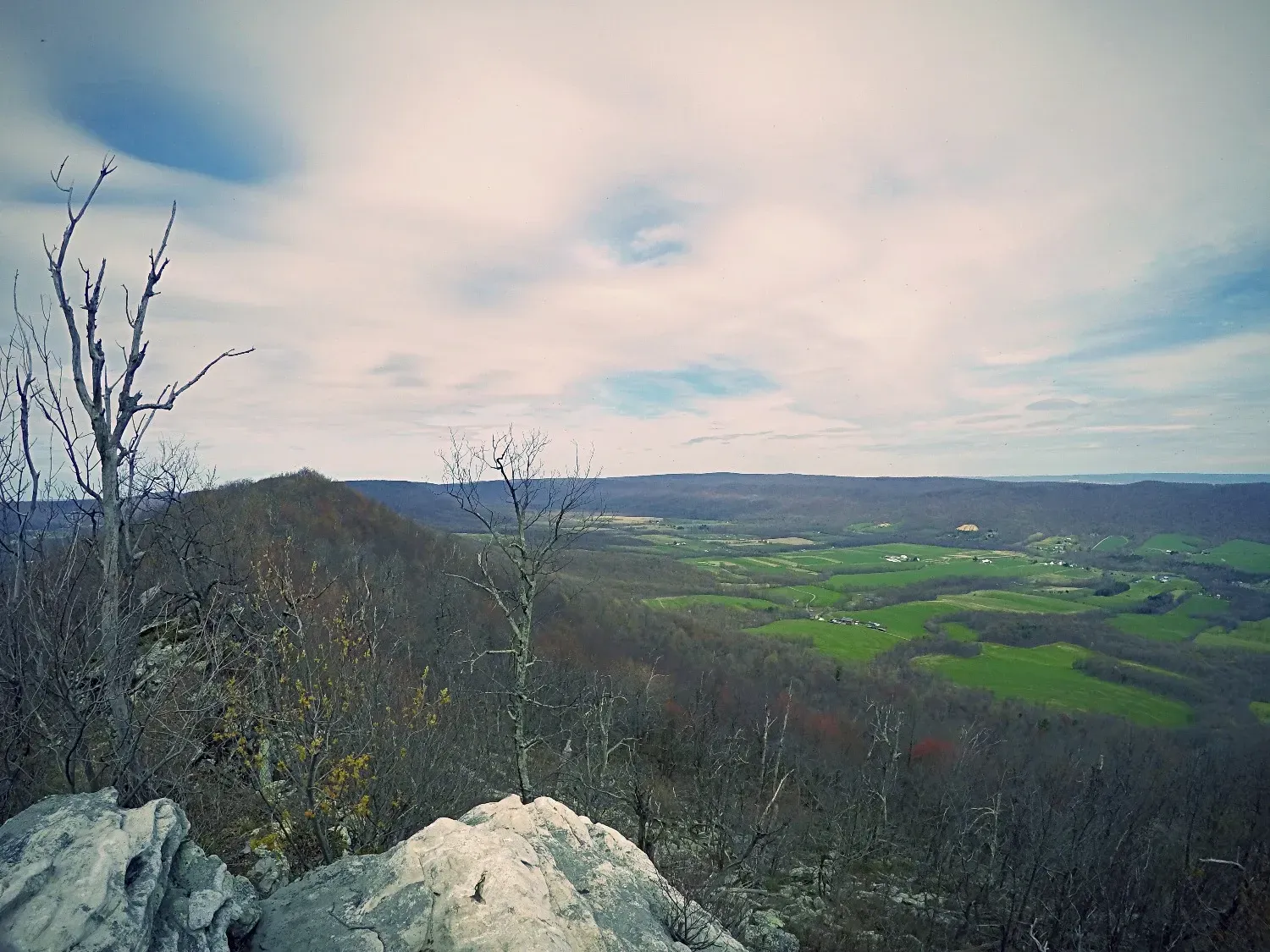 A view of a valley from the top of a mountain