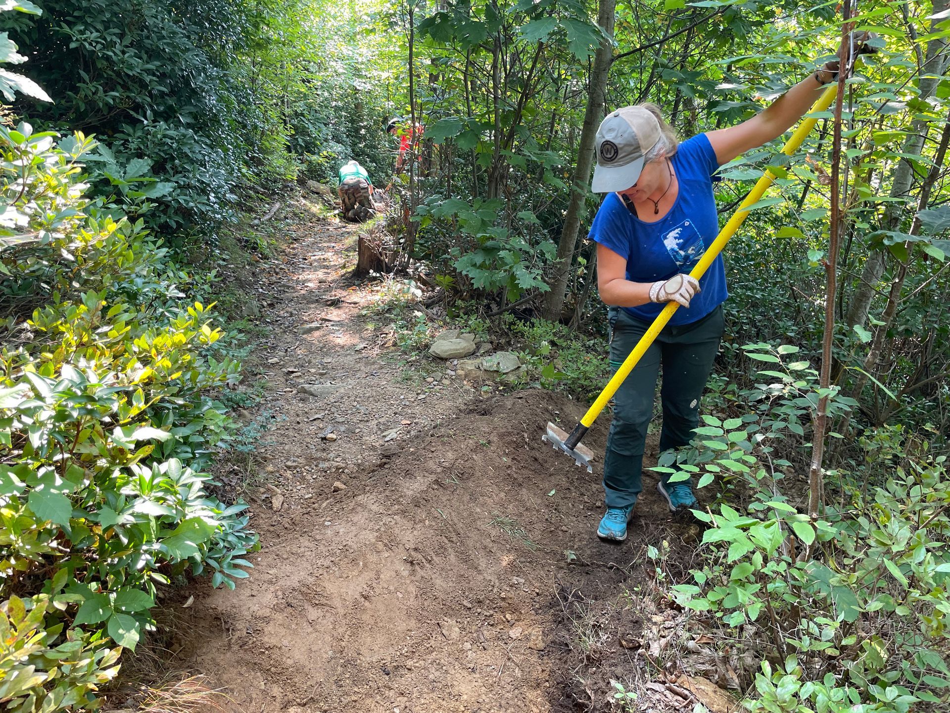 A woman is raking dirt on a path in the woods.