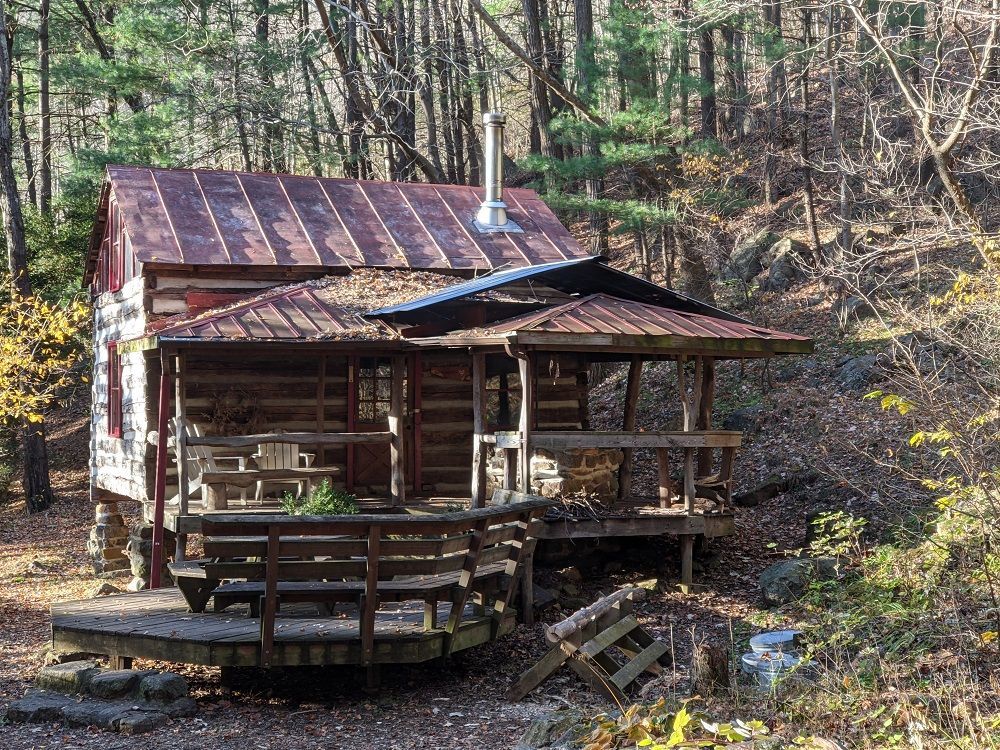 A small log cabin in the middle of a forest.